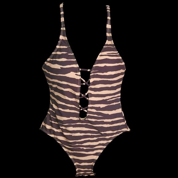 Vince Camuto Other - $120 Vince Camuto Brown Tan Zebra Animal Print Plunge One Piece Swimsuit 10 NWOT